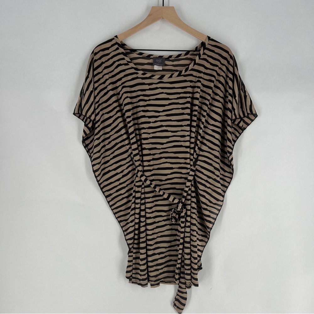 Elif Jordan Taylor Semi Sheer Tan & Black Striped Belted Batwing Tunic Coverup